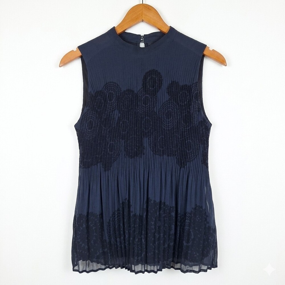 NWT Desigual Pleated Sleeveless Navy Blue Floral Mesh Top Blouse Mock Neck Sz XS